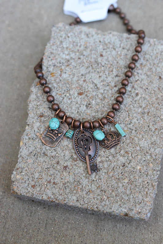 12571 N31 Copper-Tone Beaded Necklace with Royal Charms & Turquoise Accents