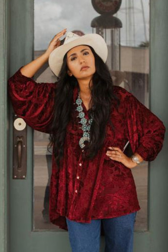 TH2776 WINE VELVET BOHO BLOUSE TH24 (7 Piece)