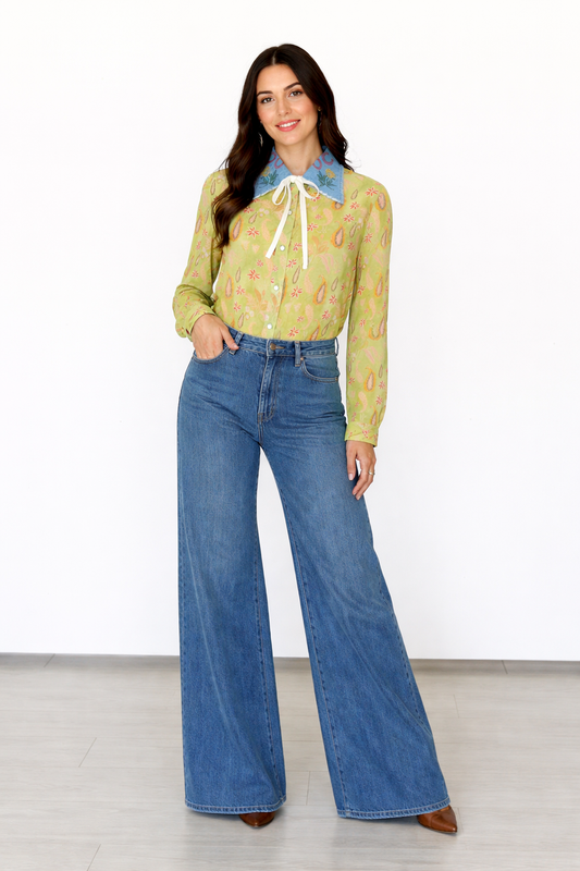 TH2882 LIME PAISLEY COLLAR PEARL SNAP TOP(7 Piece)