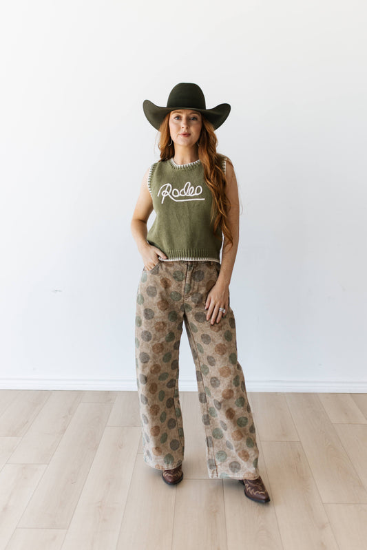 TH61 VINTAGE OLIVE POKA DOT WIDE LEGGED BARREL PANT (7 PIECE)