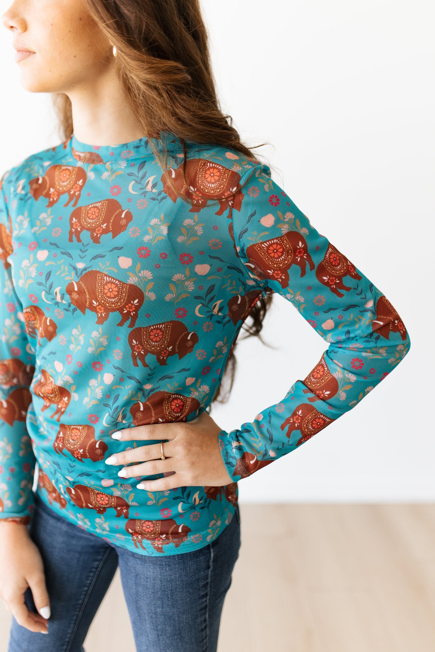 TH1221 TEAL BISON FLORAL MESH TOP (7 PIECE)
