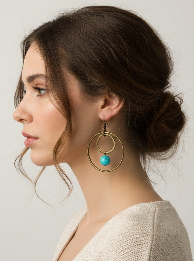 25263 T63 ANTIQUE GOLD DOUBLE HOOP TURQ DROP