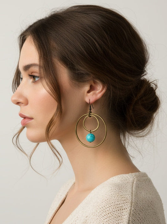 25263 T63 ANTIQUE GOLD DOUBLE HOOP TURQ DROP