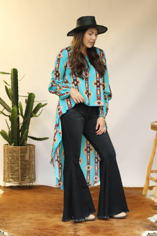 6165 Turquoise Singles Aztec Bubble Sleeve Hi-Lo Top