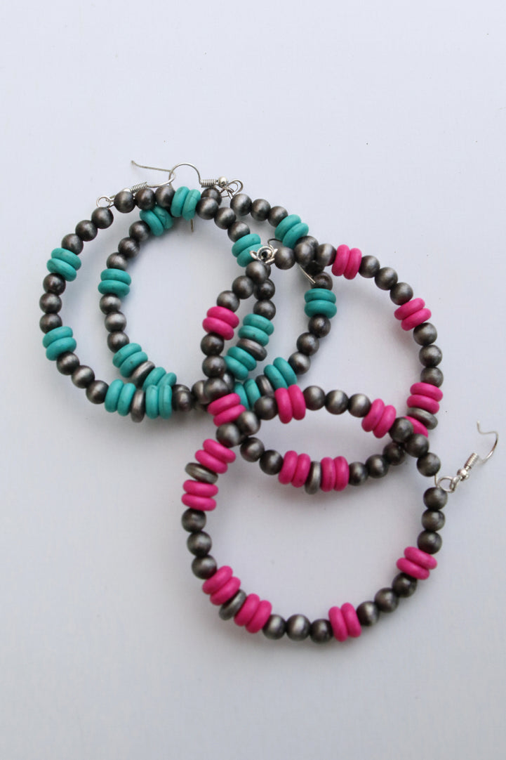 0004 R4-39 TURQ & SILVER BEAD HOOP ER