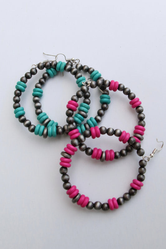 0004 R4-39 TURQ & SILVER BEAD HOOP ER