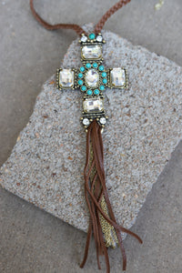 1141 CRYSTAL LARGE CROSS ON BRAIDED NECKLACE