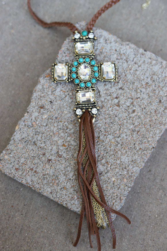 1141 CRYSTAL LARGE CROSS ON BRAIDED NECKLACE