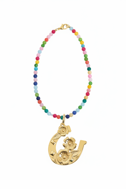 1013 T185 Gold-Tone Floral Horseshoe Charm Pendant on Multi Beads