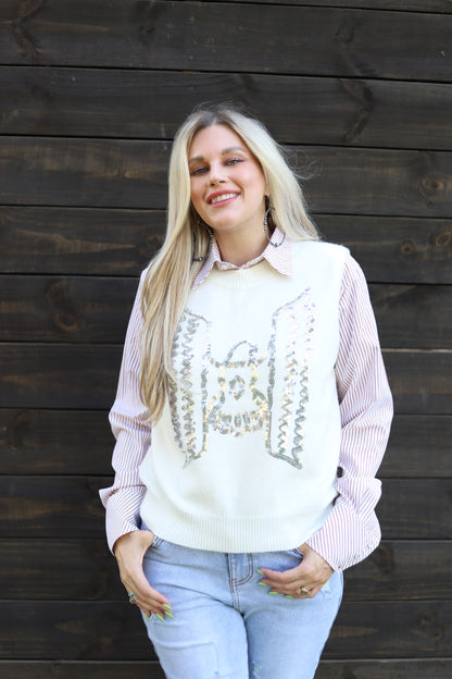 SINGLE TH2086 TB  IVORY SEQUIN SWEATER VEST (1 Piece)