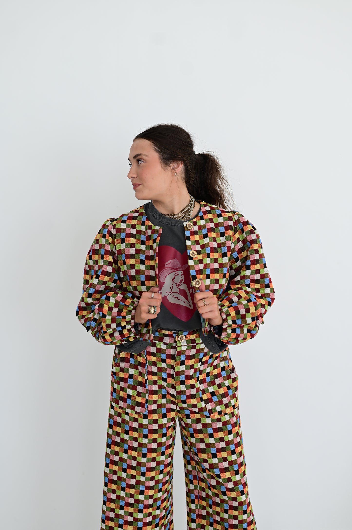 TH55 MULTI CHECK WEAVE PUFF TOP (7 PEICES)