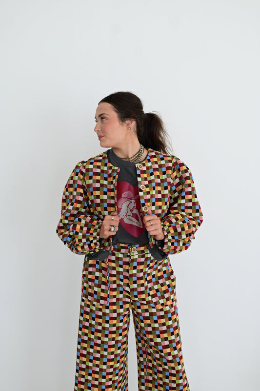 TH55 MULTI CHECK WEAVE PUFF TOP (7 PEICES)