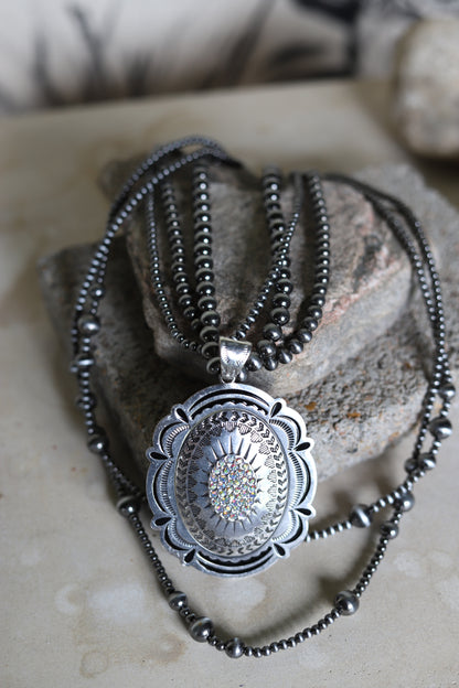 0730 T15 3 STRAND FAUX SILVER BEAD NL W/ WESTERN PENDANT