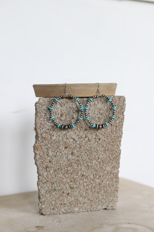 1615 R4-24 FAUX SILVER BEAD W/ TQUR CYLINDER STONE HOOP EARRING