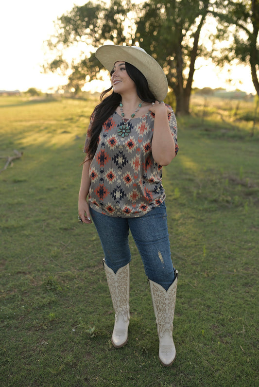 1502 RUST AZTEC CREW PRINT TOP (7 Piece)
