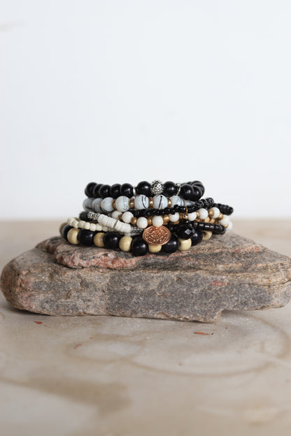 014 R1-65 BLACK/GOLD/TAN BEADED BRACELET SET