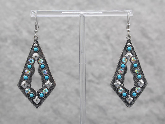 0649 (1) DIAMOND SHAPE SILVER ER WITH TURQ AND CRY STONES