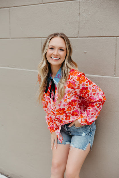 TH2882 PINK FLOWER DENIM COLLAR PEARL SNAP TOP(7 Piece)