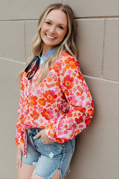 TH2882 PINK FLOWER DENIM COLLAR PEARL SNAP TOP(7 Piece)