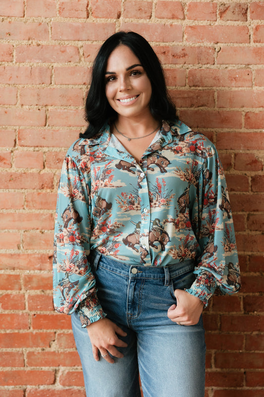 TH23 DUSTY BLUE FLORAL COWBOY BLOUSE (7 Piece)