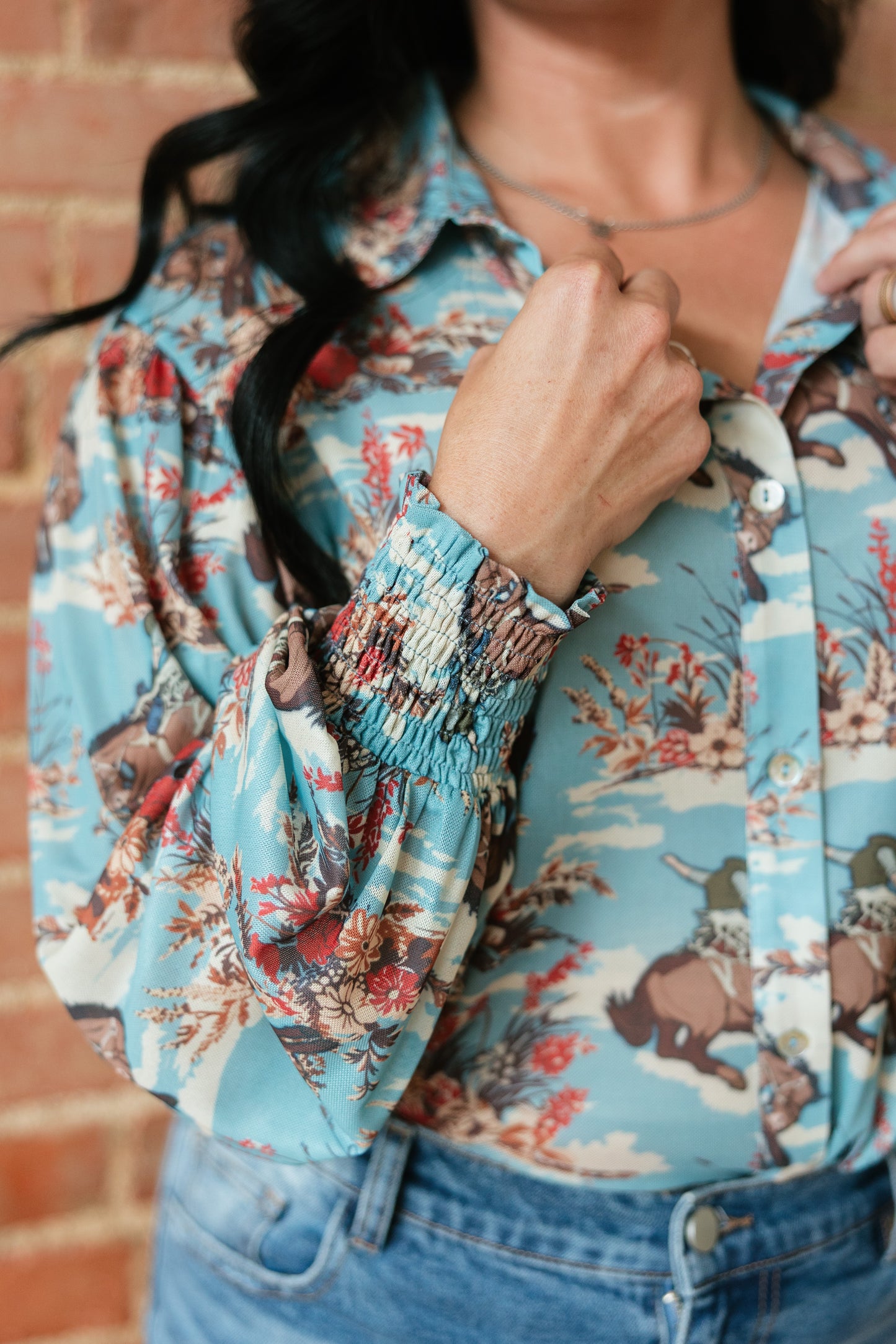 TH23 DUSTY BLUE FLORAL COWBOY BLOUSE (7 Piece)