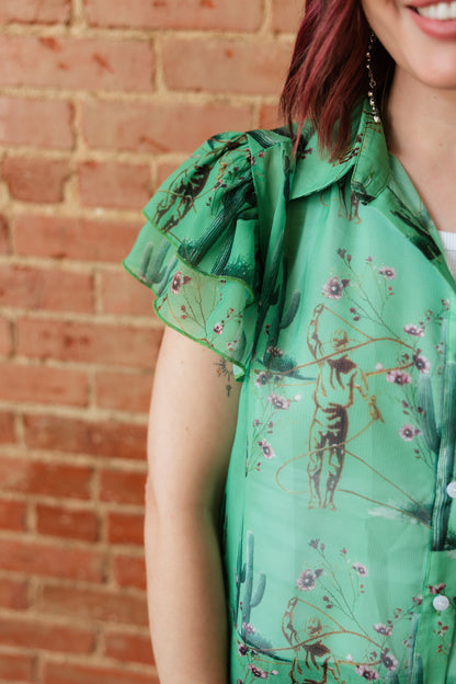 TH198 GREEN COWBOY CACTUS DOUBLE FLUTTER BLOUSE (7 Piece)
