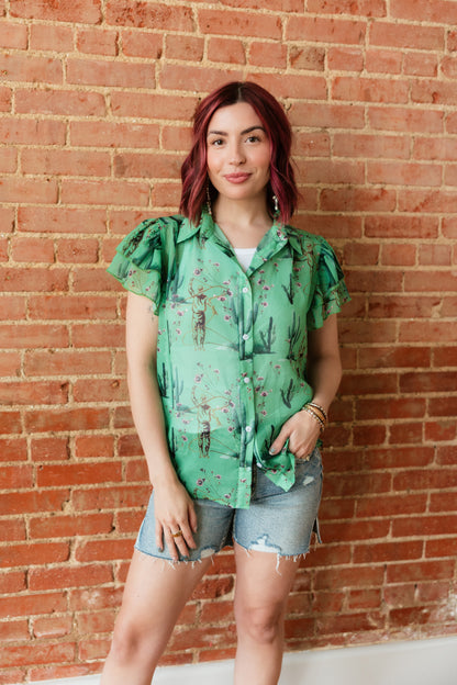 TH198 GREEN COWBOY CACTUS DOUBLE FLUTTER BLOUSE (7 Piece)