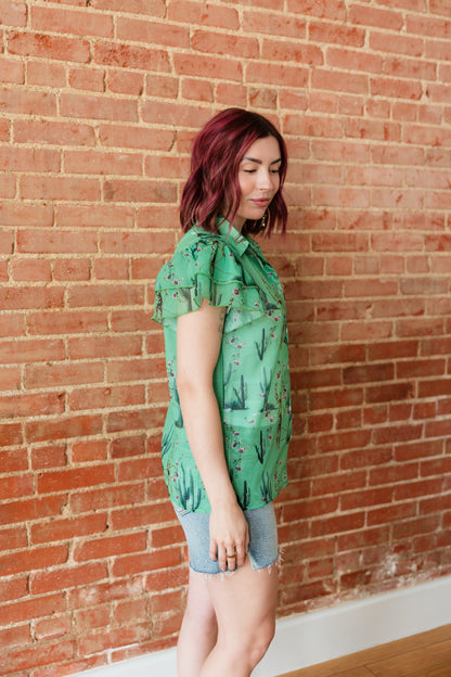 TH198 GREEN COWBOY CACTUS DOUBLE FLUTTER BLOUSE (7 Piece)