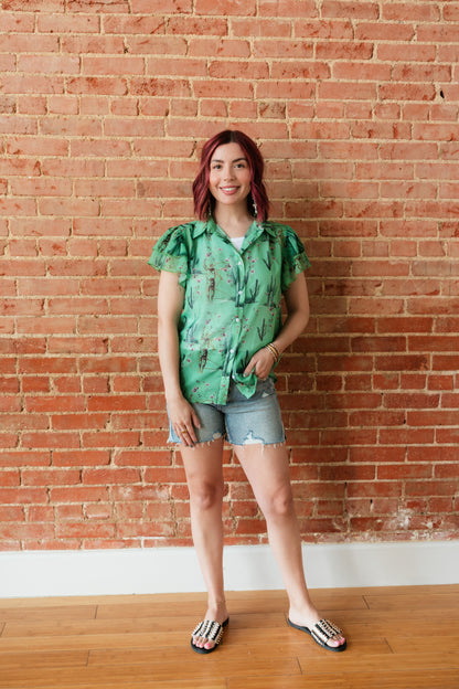 TH198 GREEN COWBOY CACTUS DOUBLE FLUTTER BLOUSE (7 Piece)