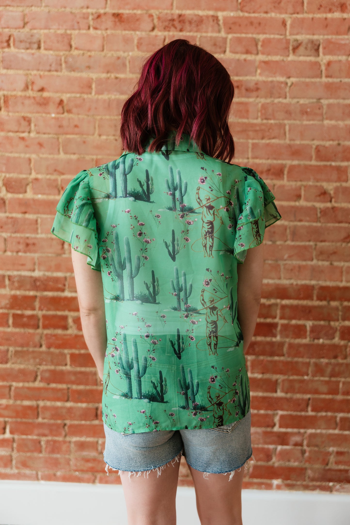 TH198 GREEN COWBOY CACTUS DOUBLE FLUTTER BLOUSE (7 Piece)