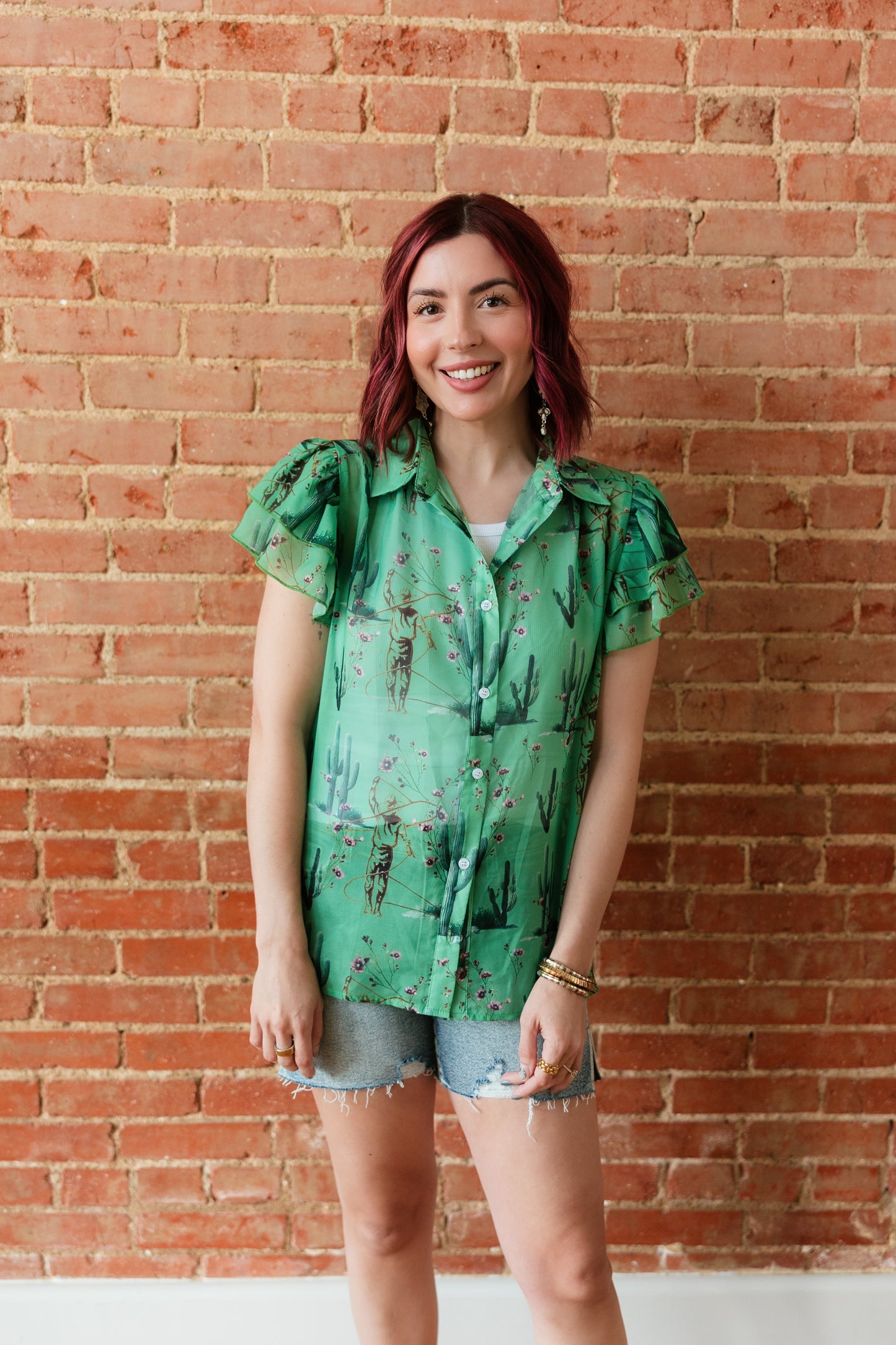 TH198 GREEN COWBOY CACTUS DOUBLE FLUTTER BLOUSE (7 Piece)