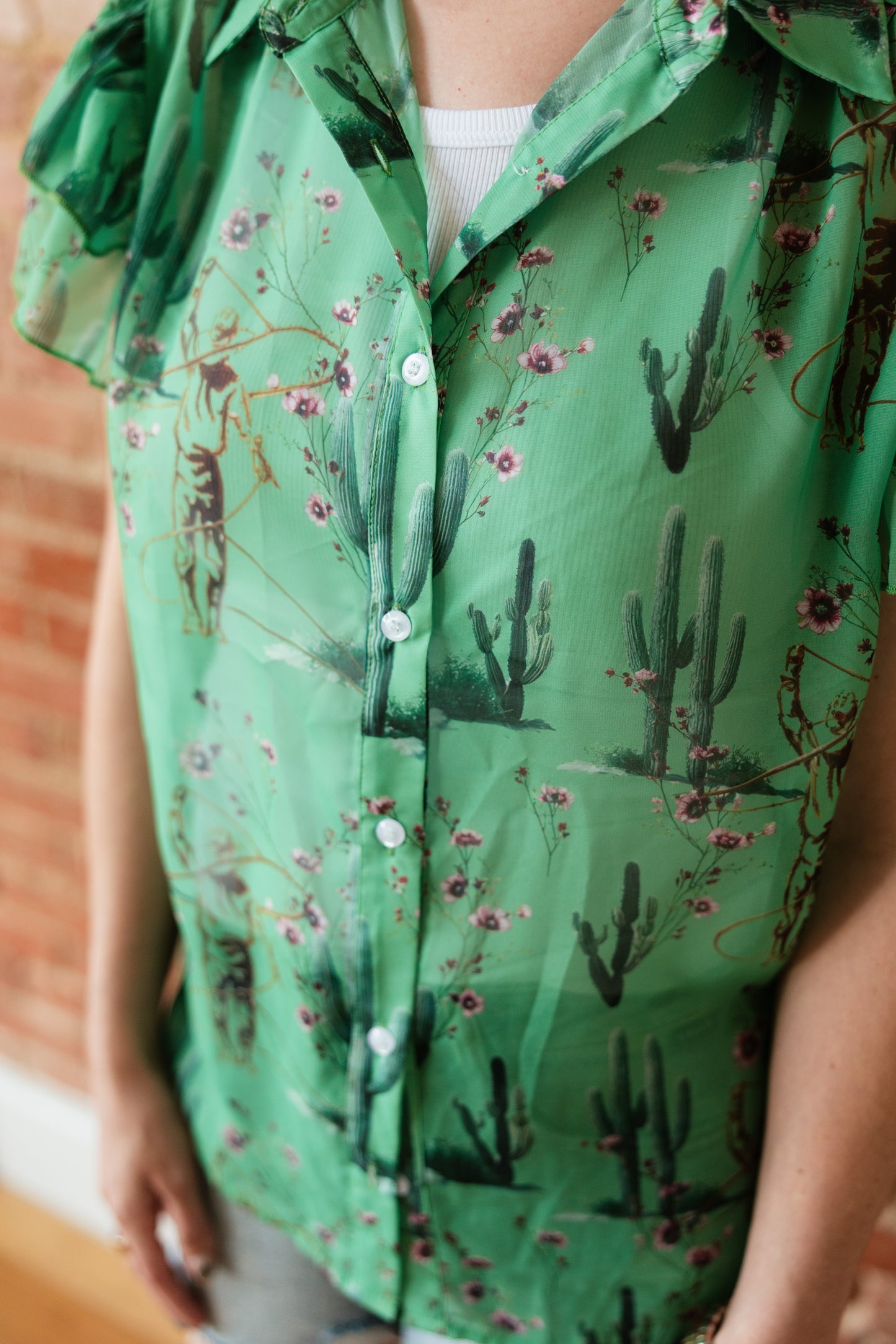 TH198 GREEN COWBOY CACTUS DOUBLE FLUTTER BLOUSE (7 Piece)