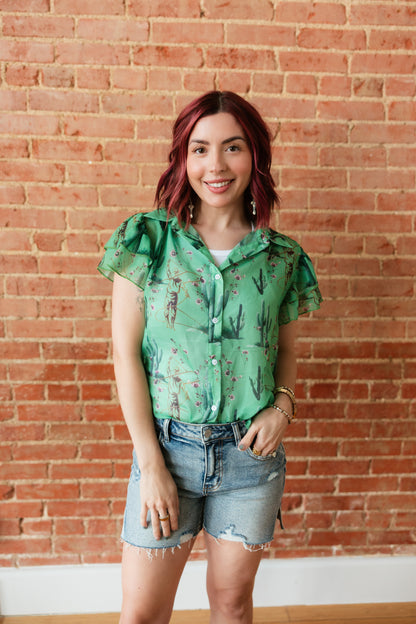 TH198 GREEN COWBOY CACTUS DOUBLE FLUTTER BLOUSE (7 Piece)