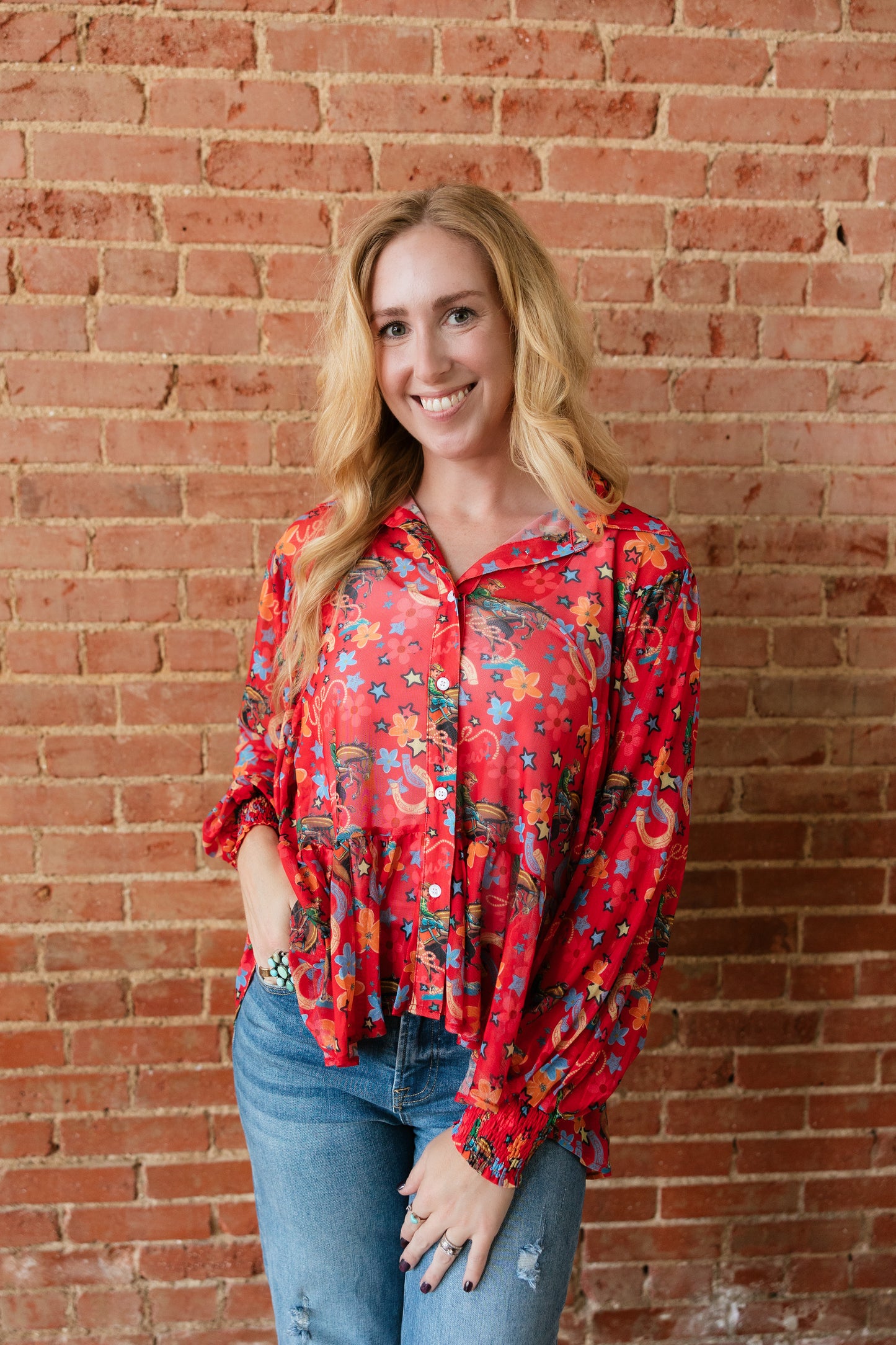 TH25 RED YEEHAW RUFFLE MESH BLOUSE (7 Piece)