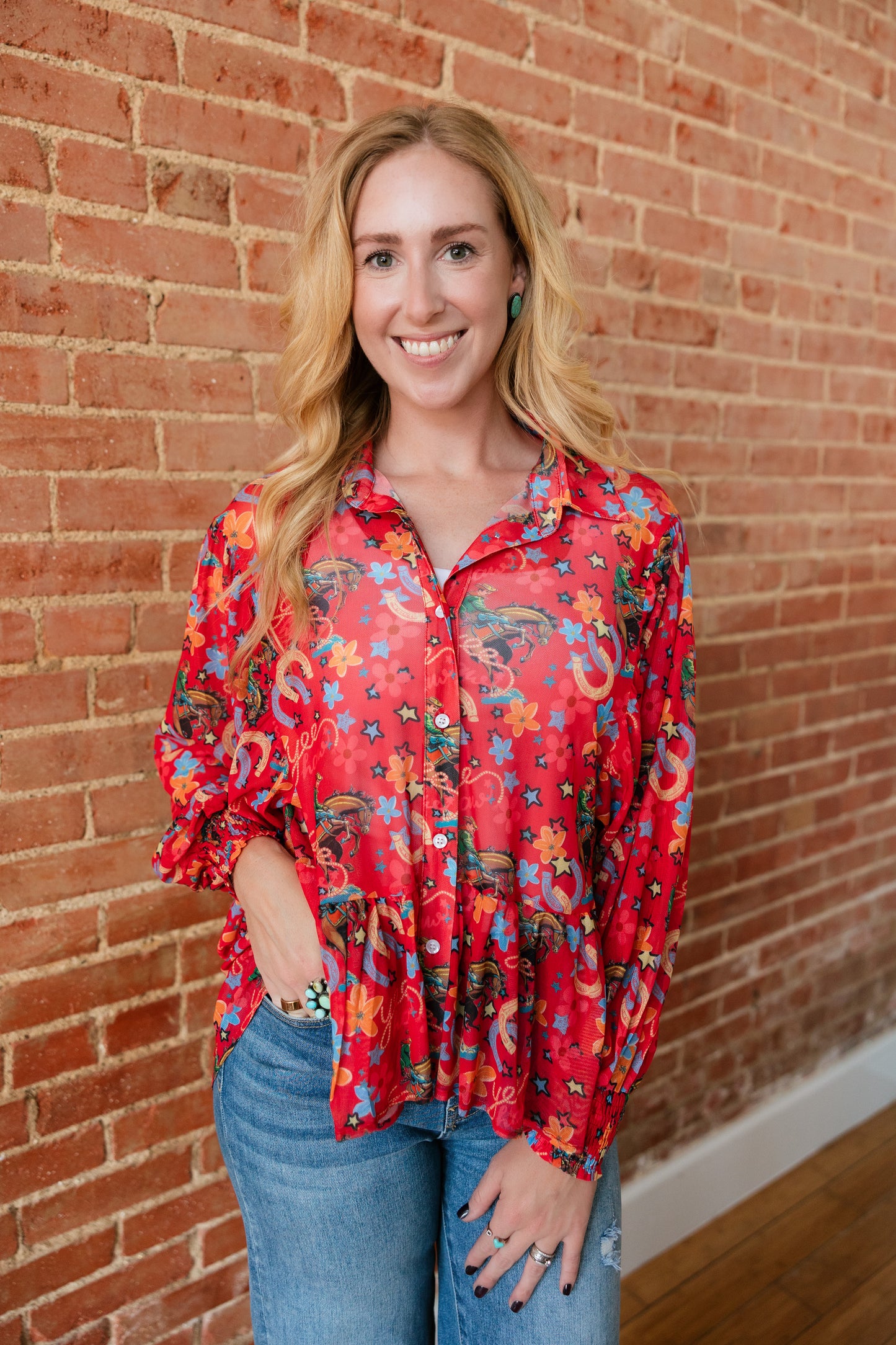 TH25 RED YEEHAW RUFFLE MESH BLOUSE (7 Piece)