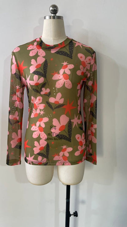 TH1221 BROWN DOT FLOWER MESH TOP (7 PIECE)