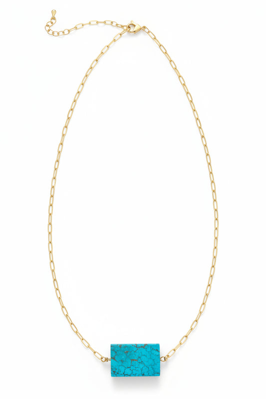 7249 N70 DIPPED GOLD HOOP CHAIN WITH RECTANGLE TURQ CENTER PIECE NL