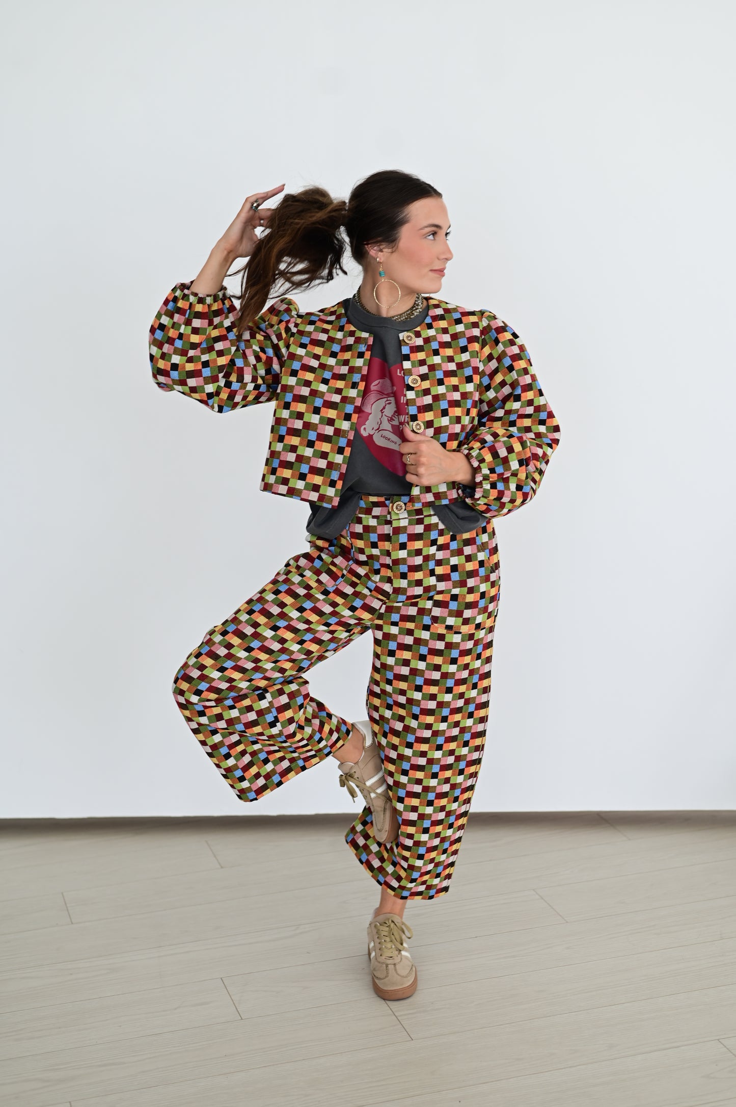 TH55 MULTI CHECK WEAVE PUFF TOP (7 PEICES)