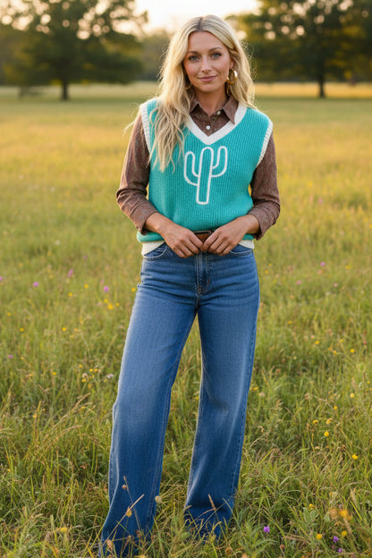 TH4213 TURQUOISE CACTUS VNECK SWEATER (7 Piece)