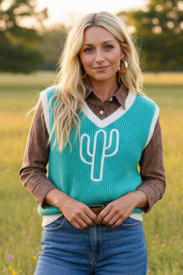 TH4213 TURQUOISE CACTUS VNECK SWEATER (7 Piece)