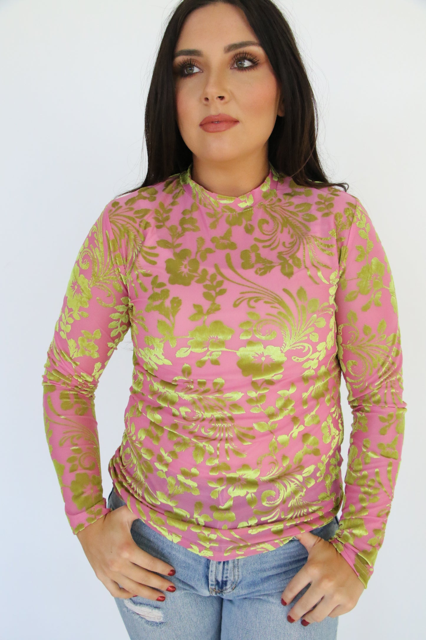 TH1221 S319 PINK GREEN BURNOUT MESH TOP(1 PIECE)