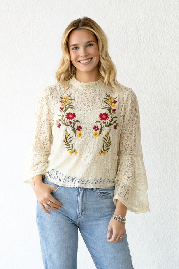 TH71 IVORY EMB. LACE RUFFLE SLEEVE TOP LACE (7 PIECE)