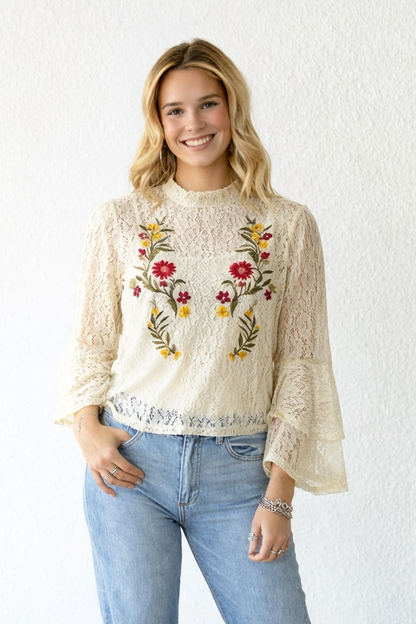 TH71 IVORY EMB. LACE RUFFLE SLEEVE TOP LACE (7 PIECE)