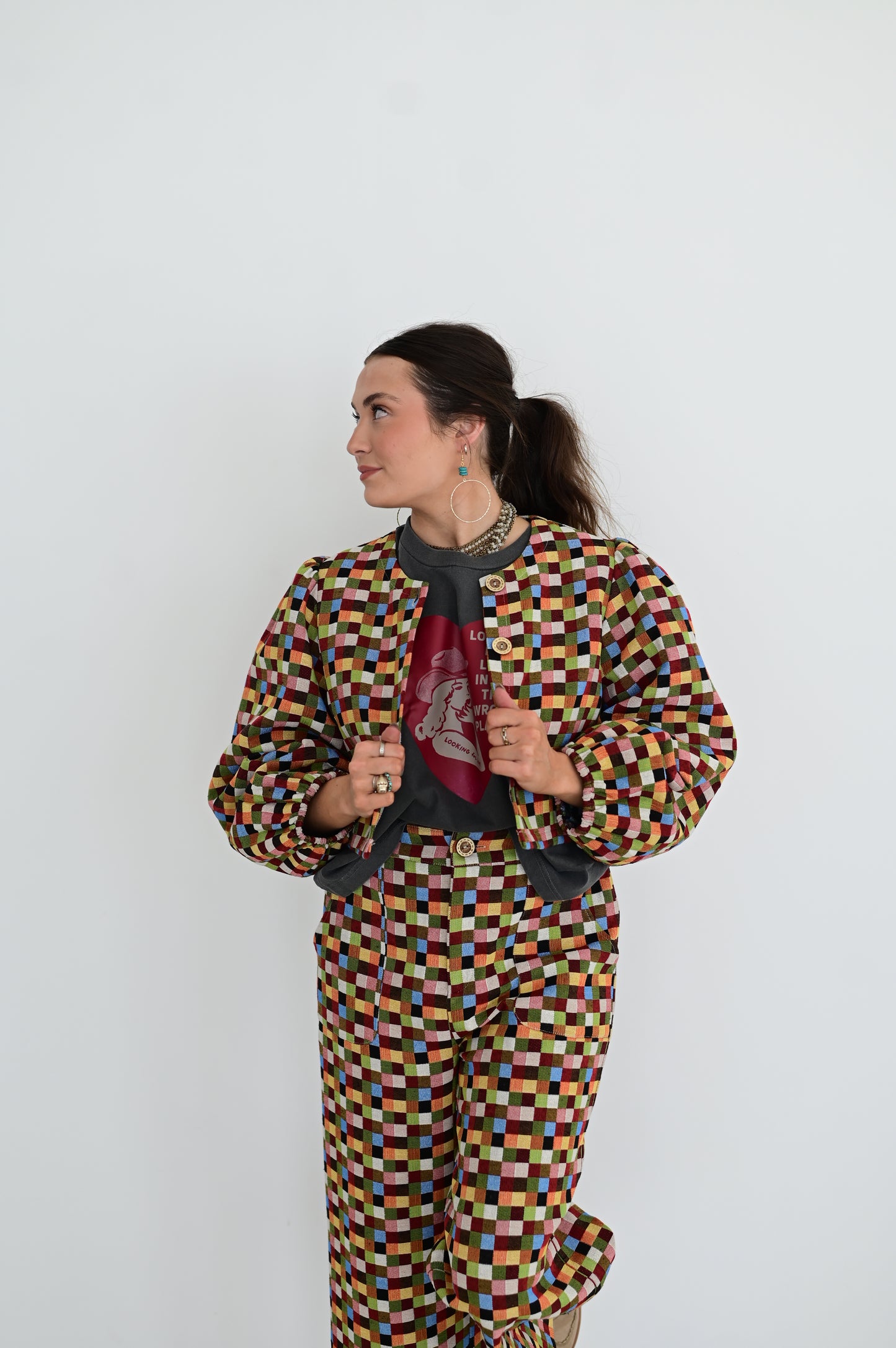 TH55 MULTI CHECK WEAVE PUFF TOP (7 PEICES)