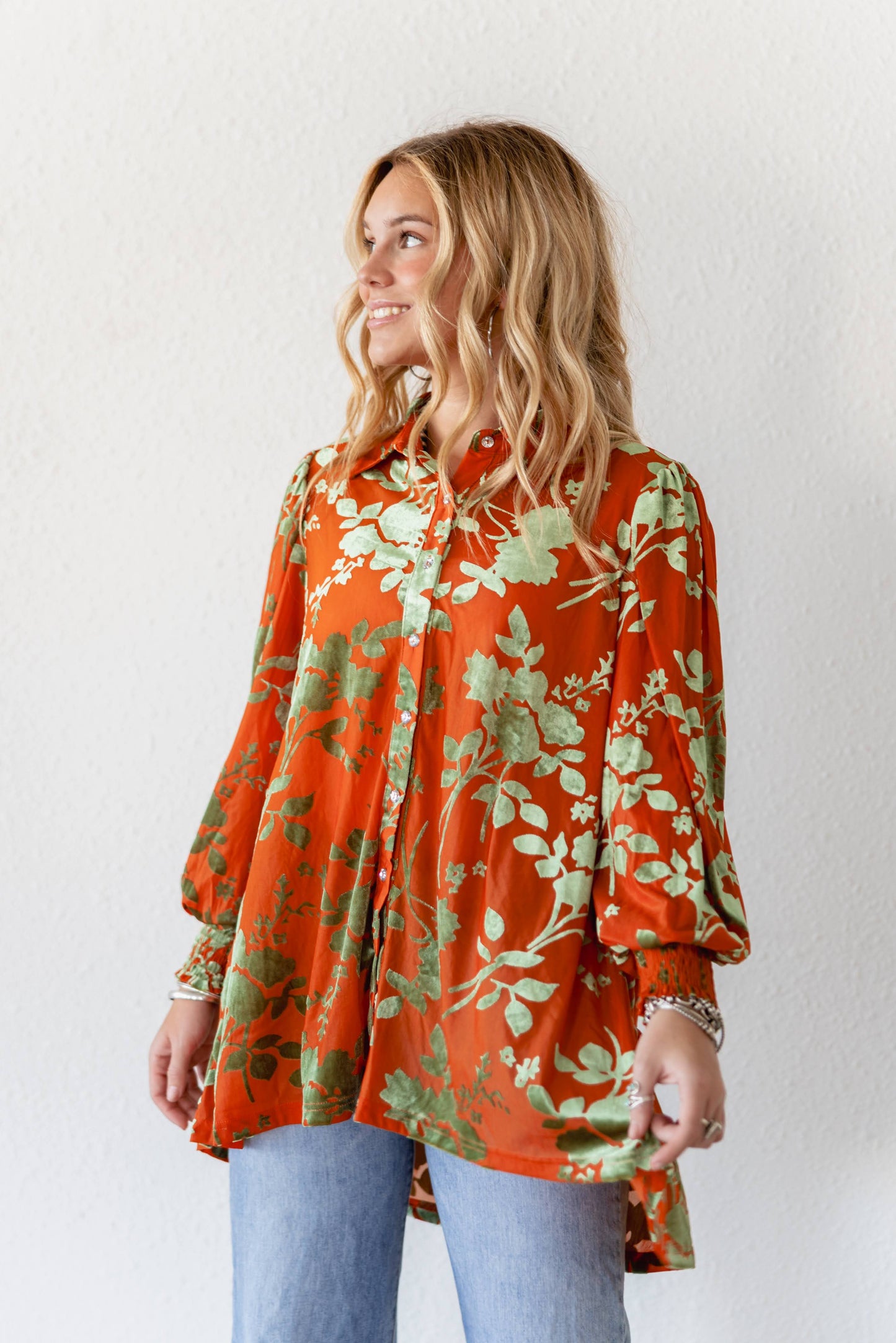 TH2776 ORANGE GREEN VELVET BOHO BLOUSE(7 Piece)