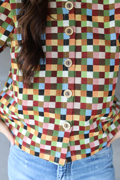 TH55 MULTI CHECK WEAVE PUFF TOP (7 PEICES)