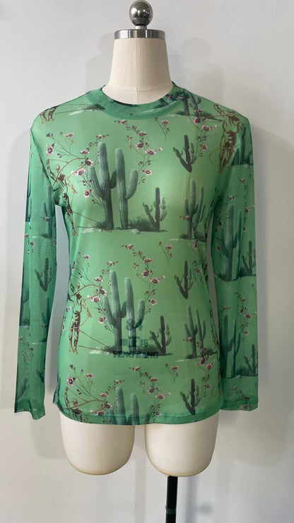 TH1221 GREEN FLORAL CACTUS MESH TOP (7 PIECES)