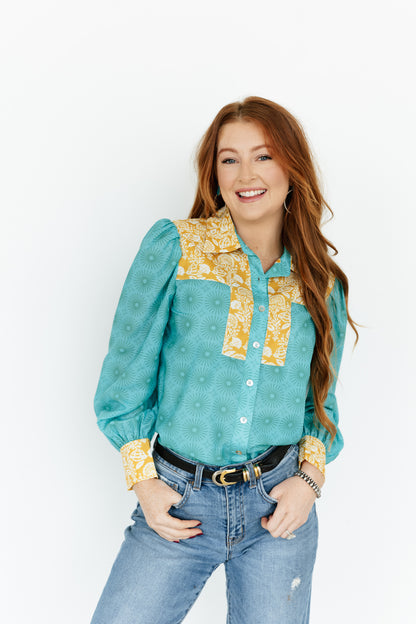TH2600 TURQUOISE  FLORAL TOP (OPEN)