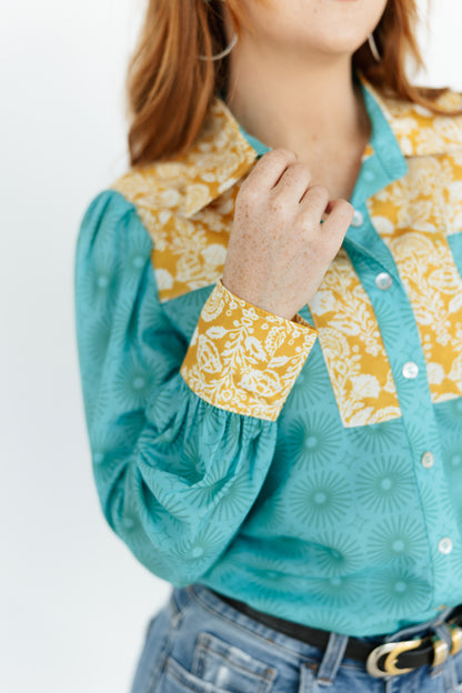 TH2600 TURQUOISE  FLORAL TOP (OPEN)
