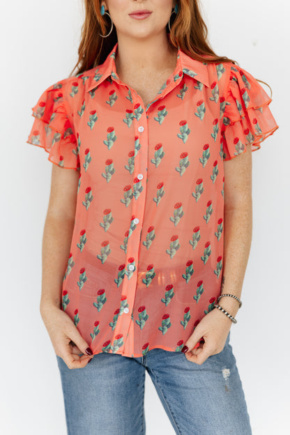 TH198 CORAL CACTUS DOUBLE FLUTTER BLOUSE (7 Piece)